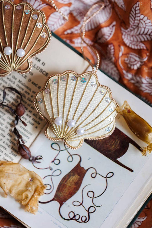 Cream Shell Vintage Linen Handmade Sea Beach Ocean Ornament