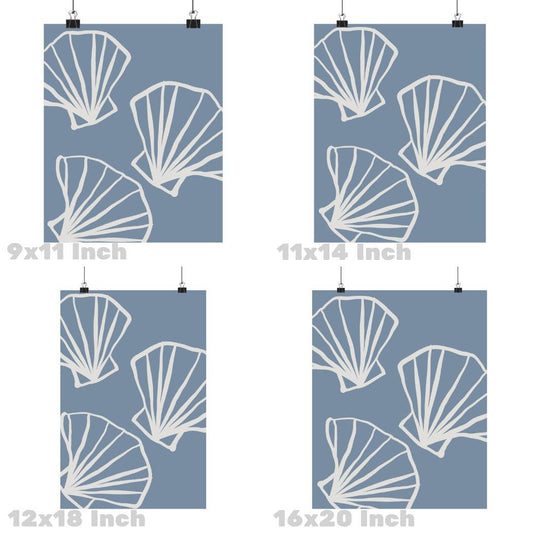 Hand Drawn Seashells Sketch Wall Art Coastal Blue Prints: 9" x 11"