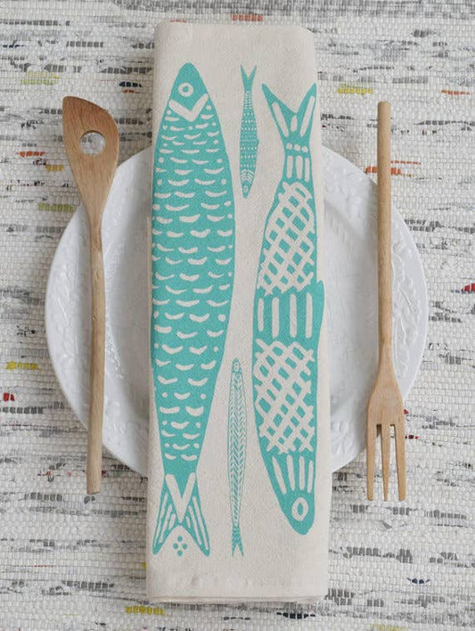 Sardines Tea Towel in Mint Green - Organic Cotton - Fishes