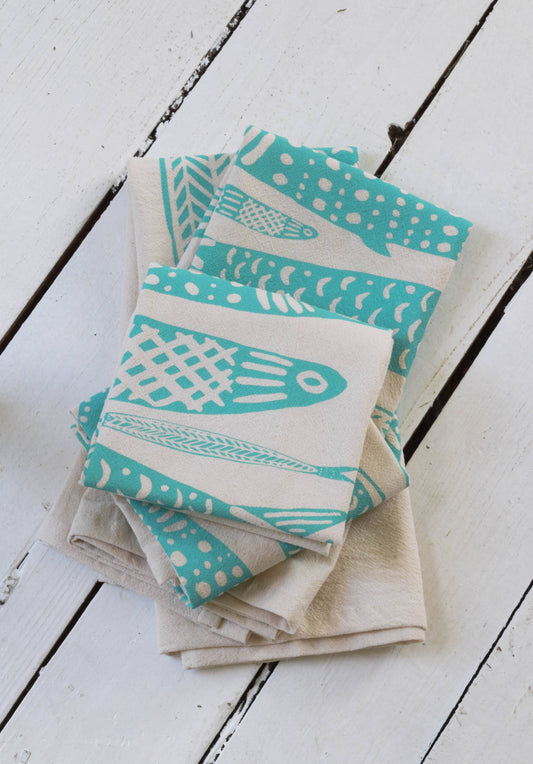 Set of 4 Organic Cotton Sardine Napkins in Mint - Fish Print