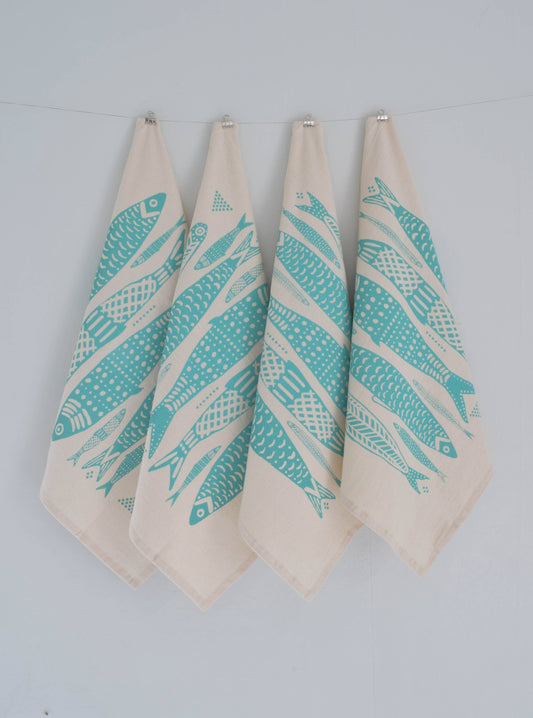 Set of 4 Organic Cotton Sardine Napkins in Mint - Fish Print