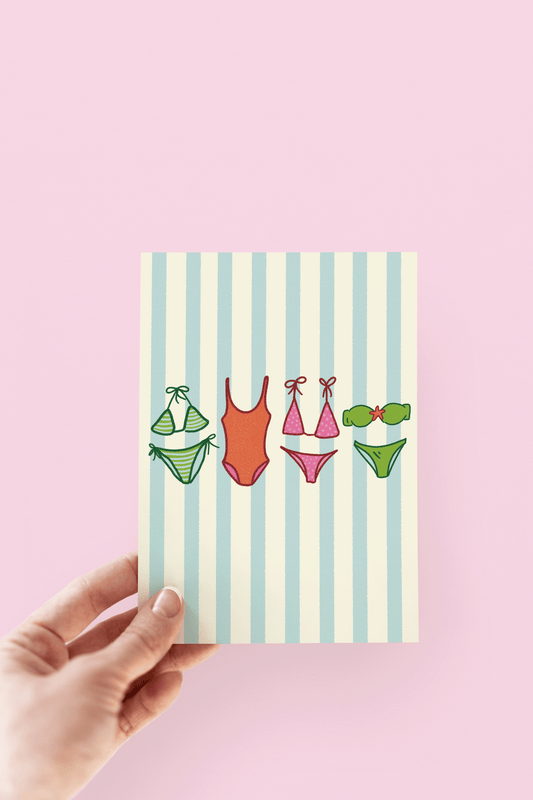 Summer Swimsuits Striped Beach Coastal Greeting Card