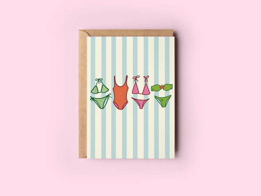 Summer Swimsuits Striped Beach Coastal Greeting Card