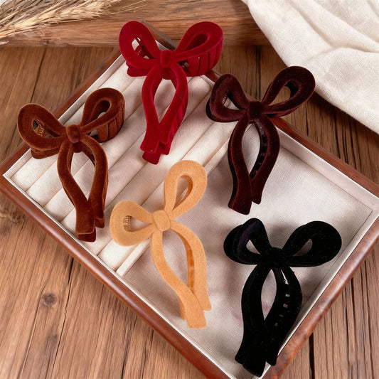 Solid Color Bow Flocking Hair Claw Clip: Red