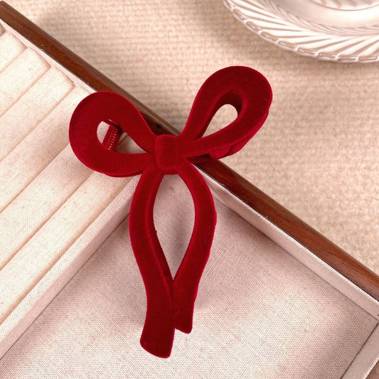 Solid Color Bow Flocking Hair Claw Clip: Red