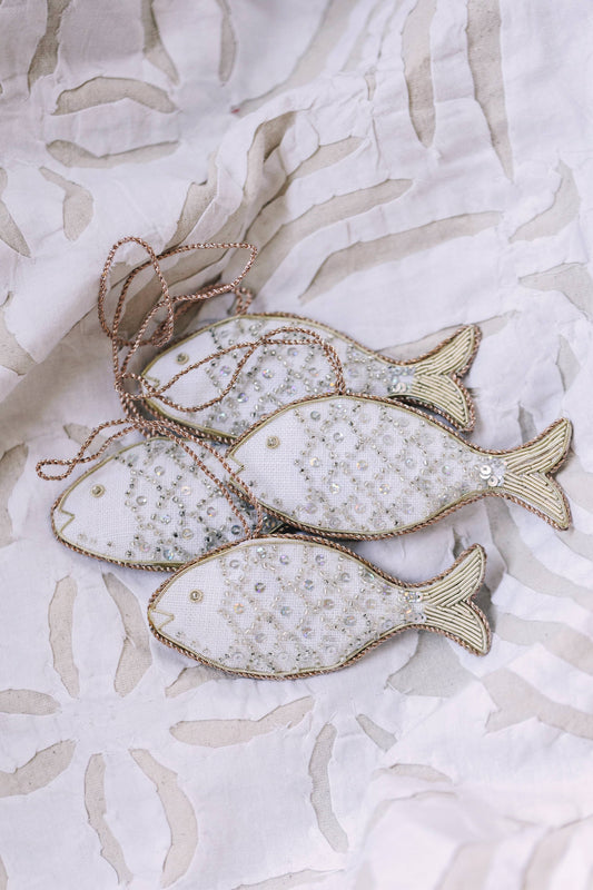 White Handmade Fish Christmas Ornament in Irish Linen