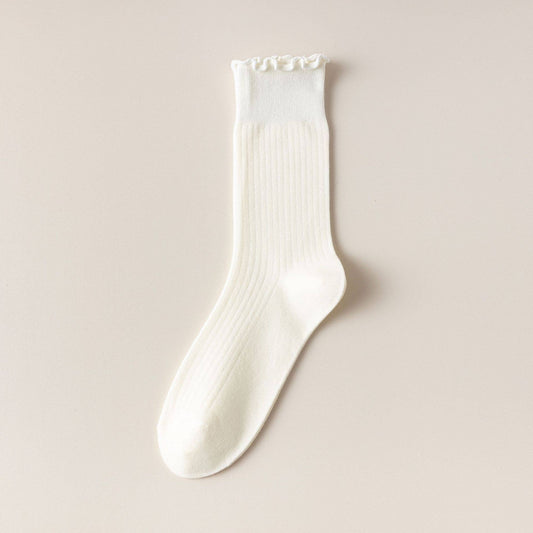 Vertical Stripes Thin Solid Ruffle Crew Socks: White