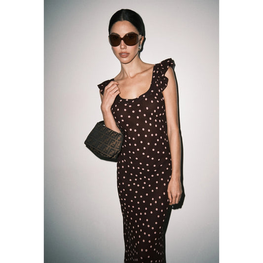 Eloise Chiffon Polka Dot Ruffle Sleeve Bias Cut Maxi Dress
