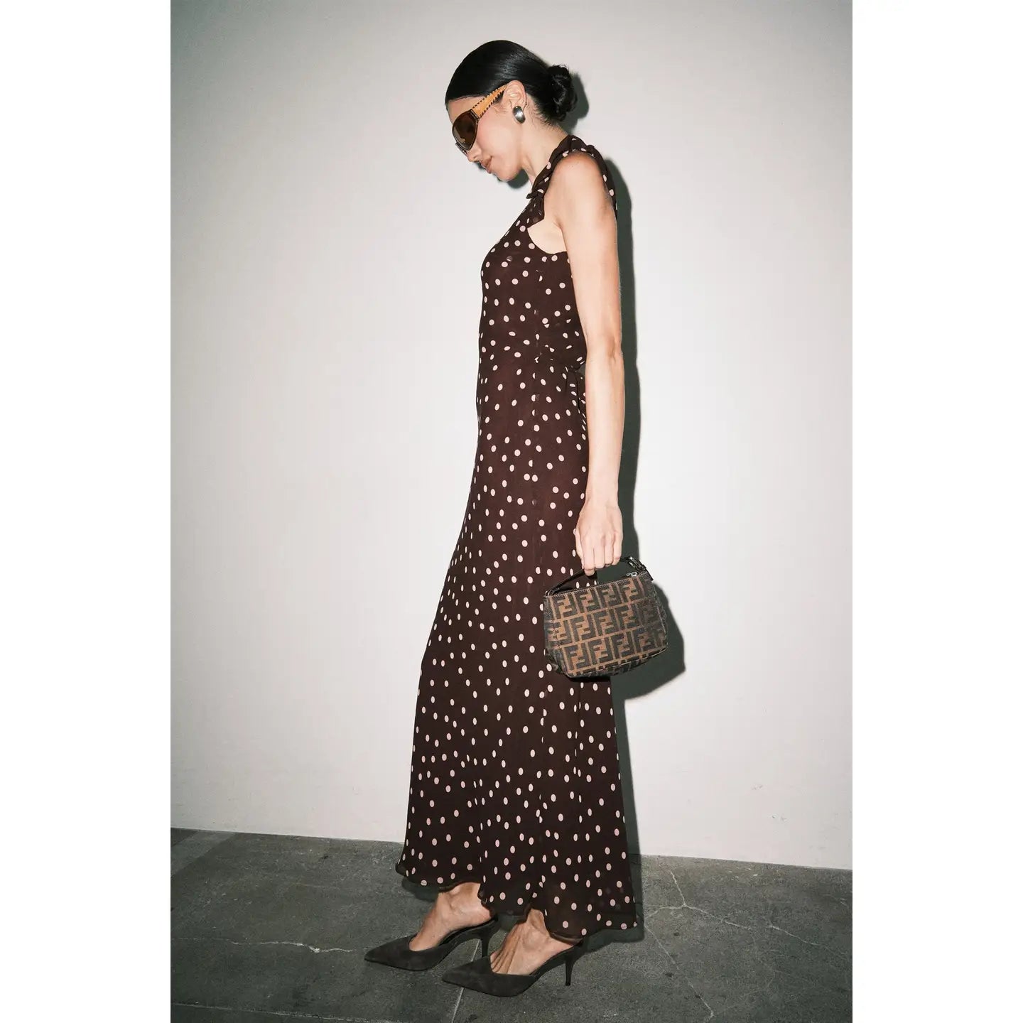 Eloise Chiffon Polka Dot Ruffle Sleeve Bias Cut Maxi Dress