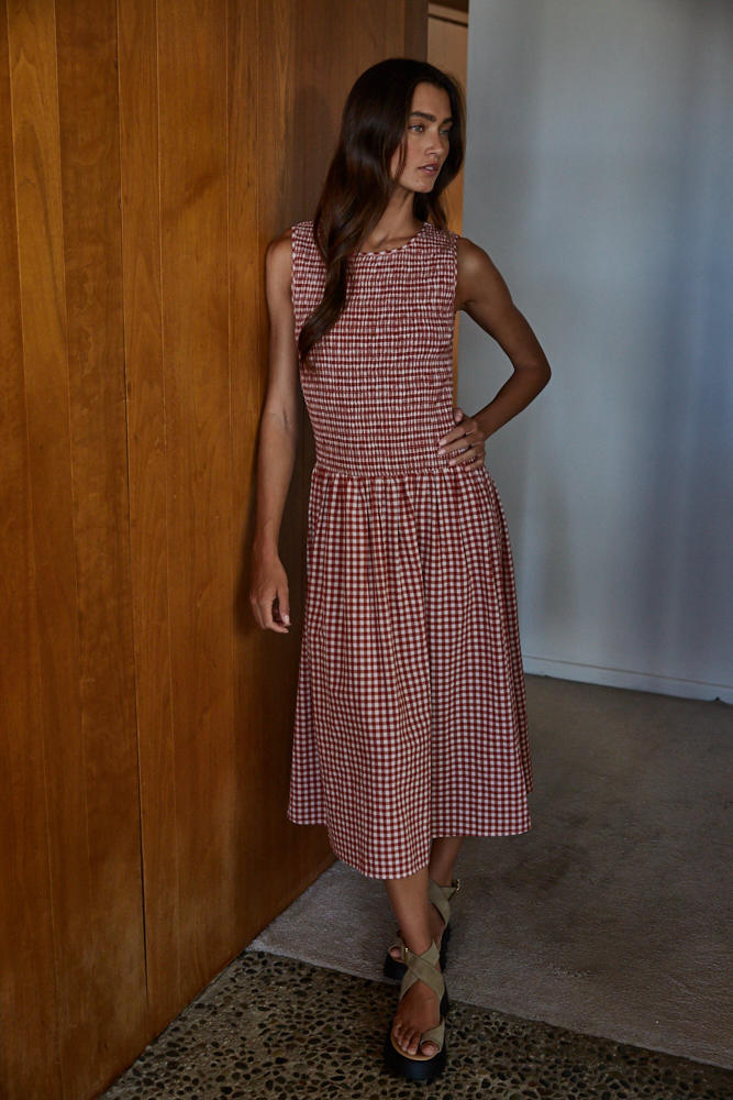 gingham smocked dress Sayler Gingham Smocked Dress – Cotton Sleeveless Midi Dress