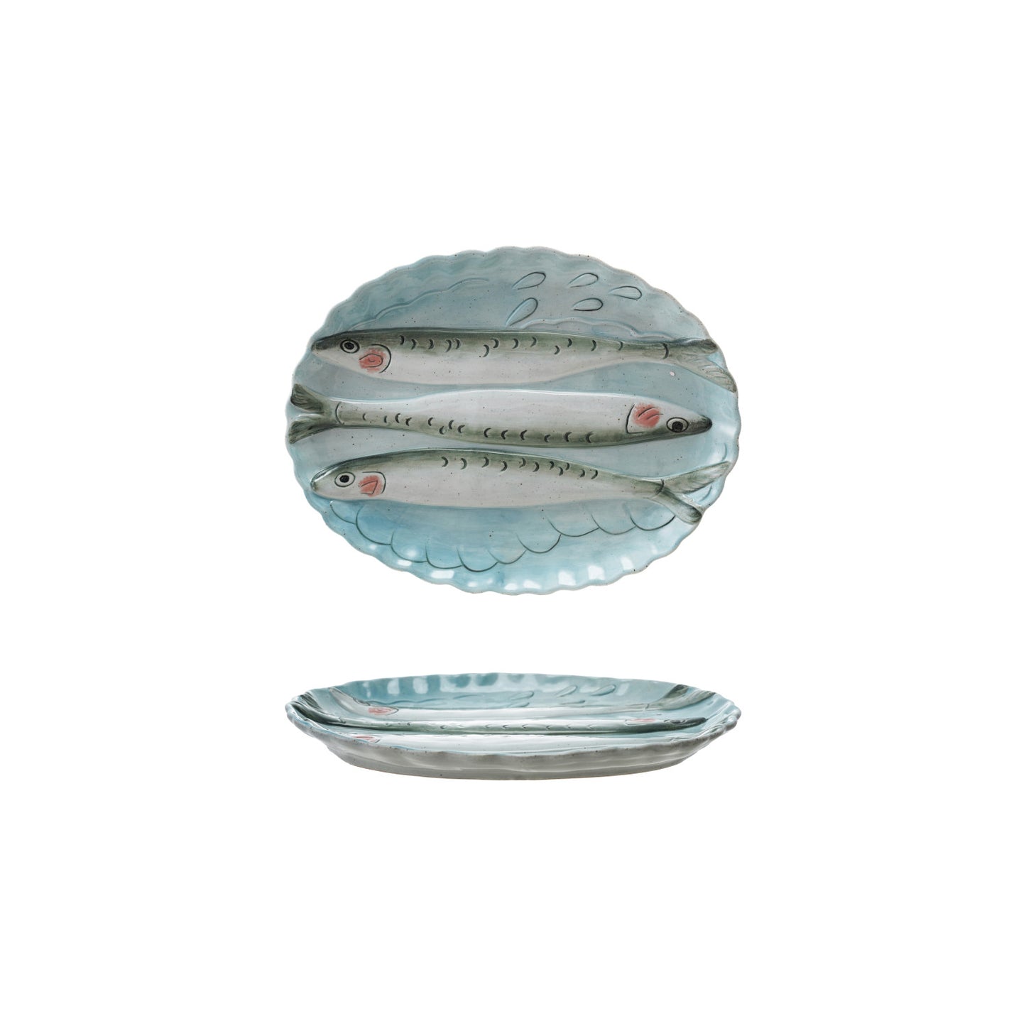 Stoneware Scalloped Plate with 3D Fish Image