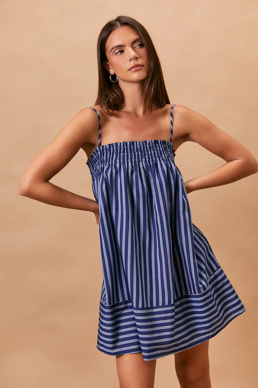 STRIPE SLEEVELESS MINI DRESS WITH SIDE POCKETS: NAVY STRIPE / S