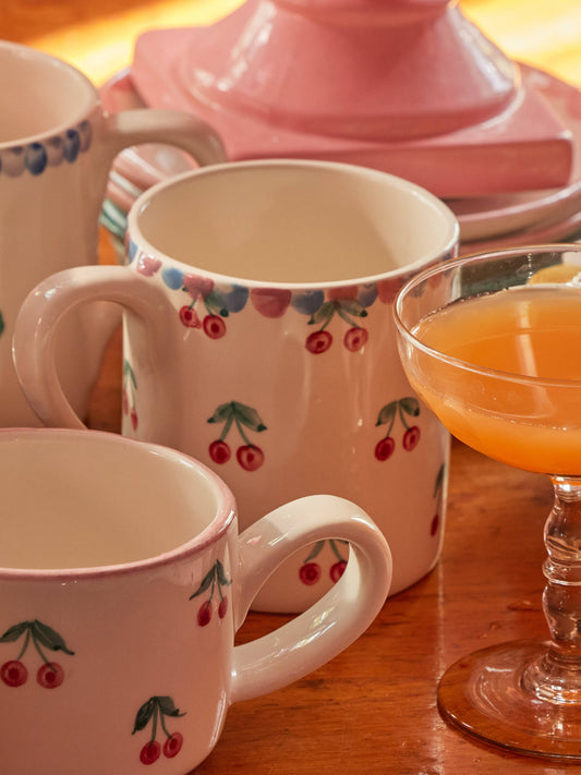 Ceramic Cappuccino Cup with Hand Painted Cherries - 6.7 oz