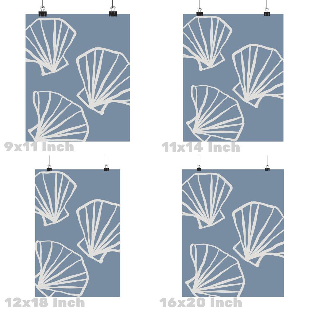 Hand Drawn Seashells Sketch Wall Art Coastal Blue Prints: 9" x 11"