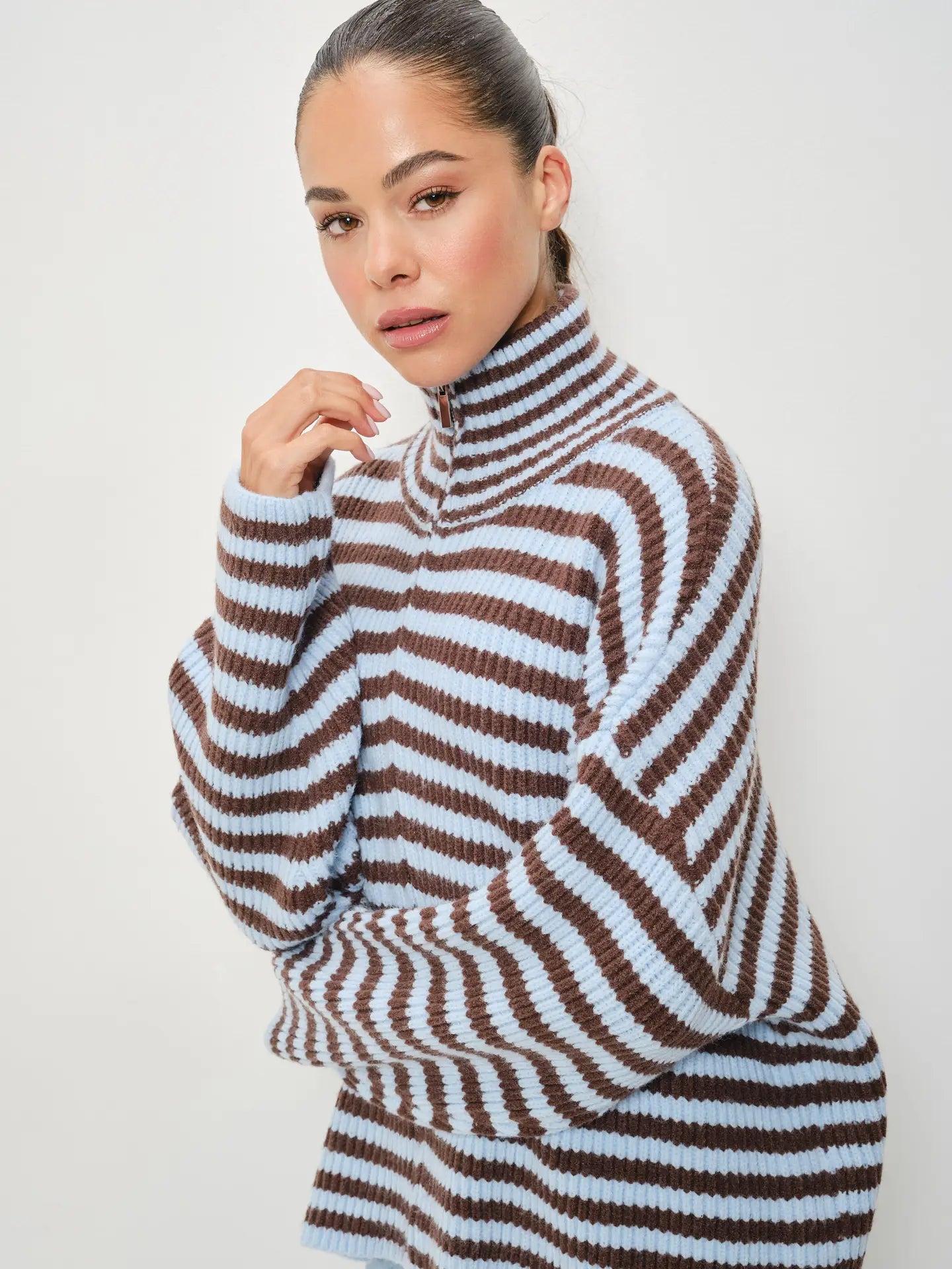 Lane Striped Mocked Neck Zip Up Jacket