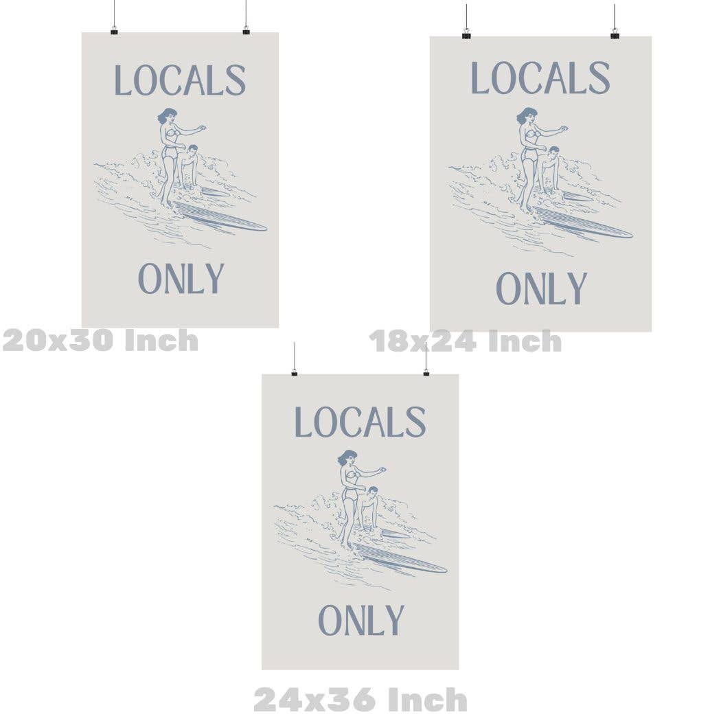 Locals Only Retro Surfer Typography Wall Art Prints: 9" x 11"