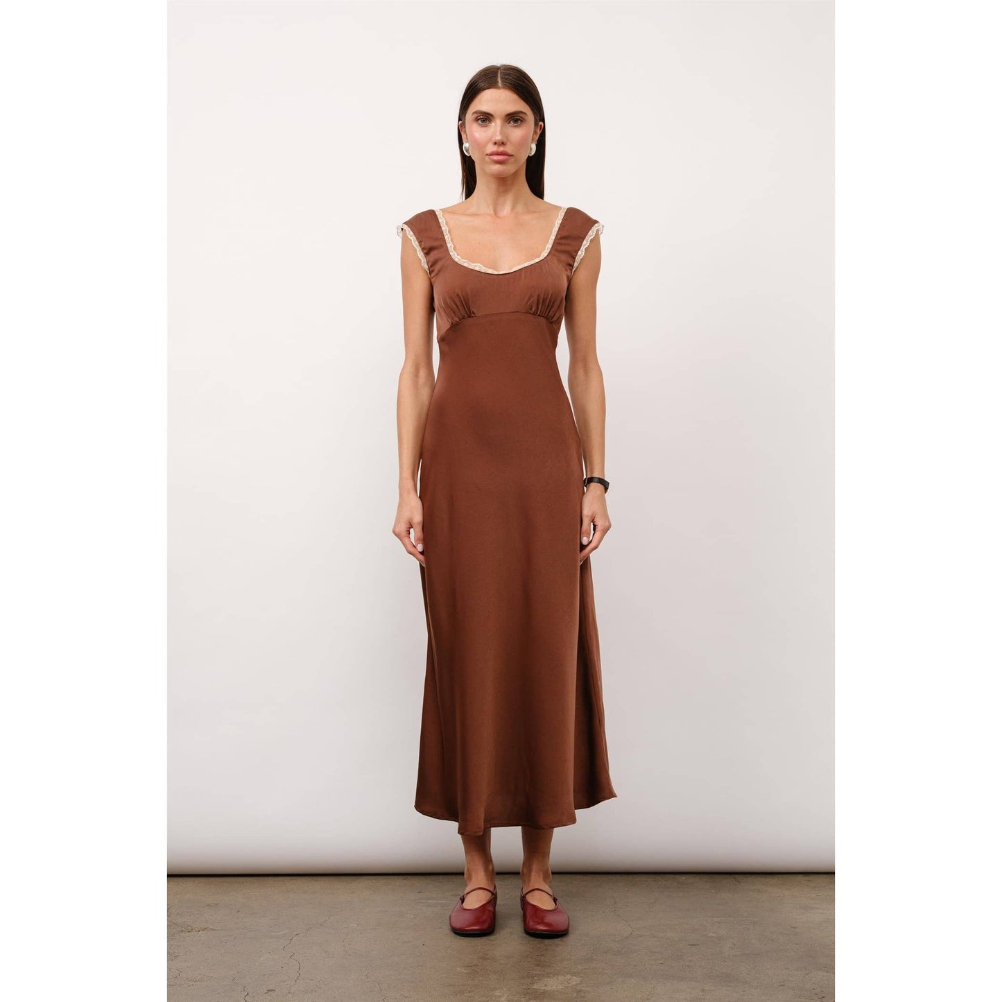 Valentina Tie Back Maxi Dress in Brown Satin