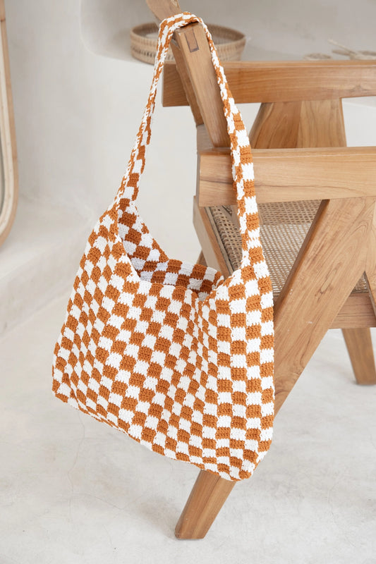 Checkered Crochet Shoulder Bag- Terracotta