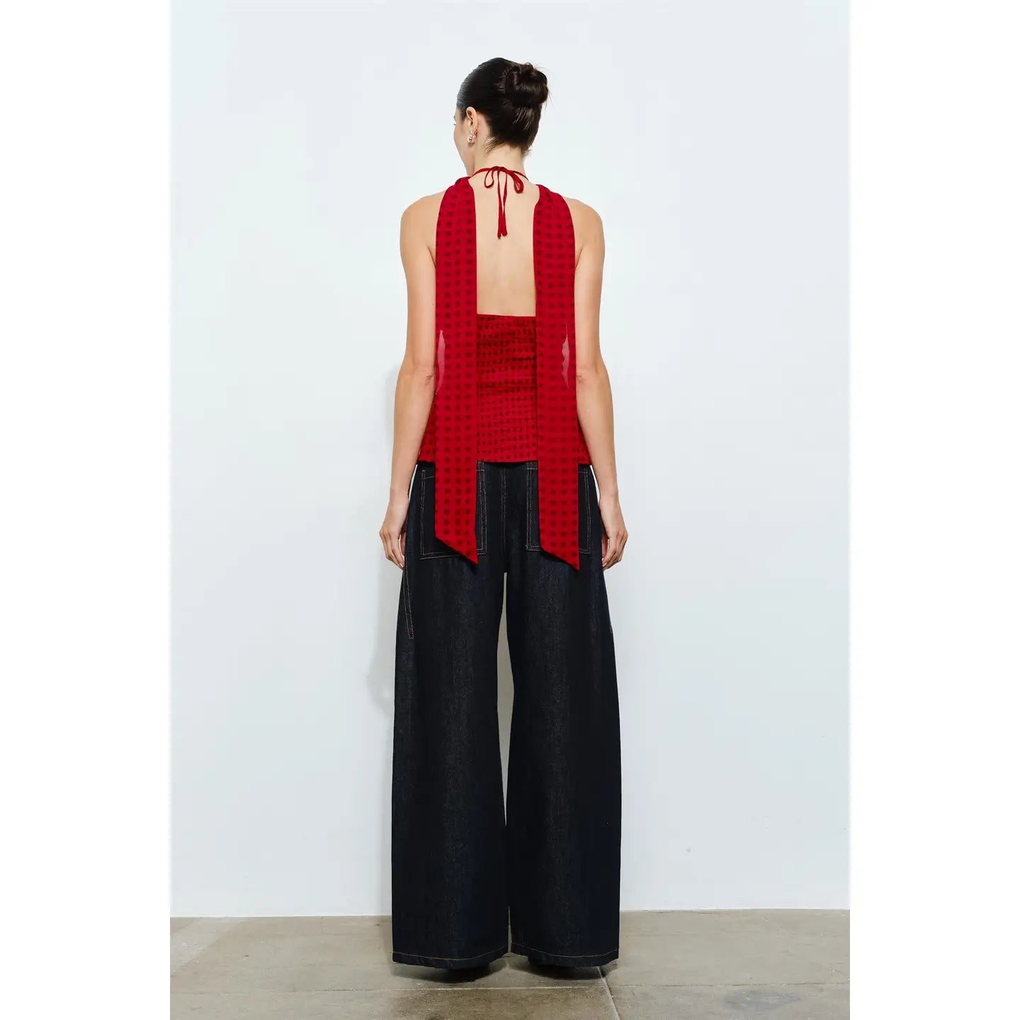 Corinne Red Polka Dot Chiffon Halter Top w/ Scarf