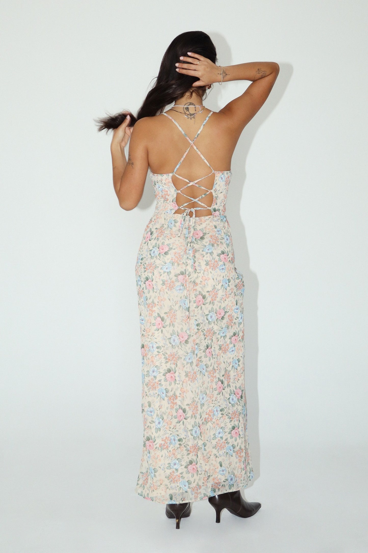 PEACH FLORAL CHIFFON LONG DRESS