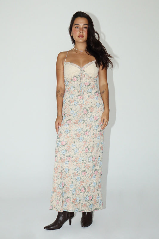 PEACH FLORAL CHIFFON LONG DRESS