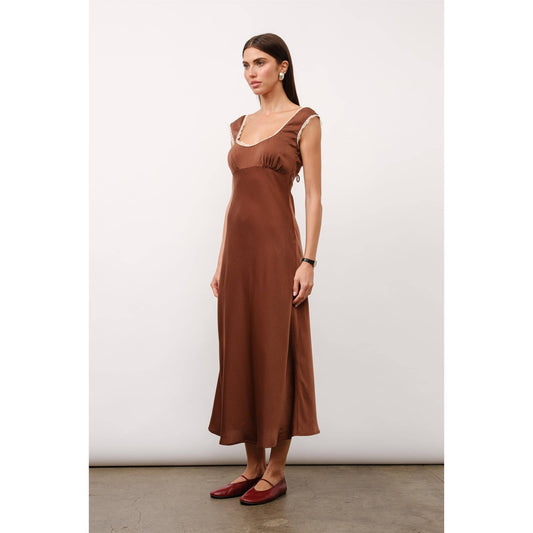 Valentina Tie Back Maxi Dress in Brown Satin