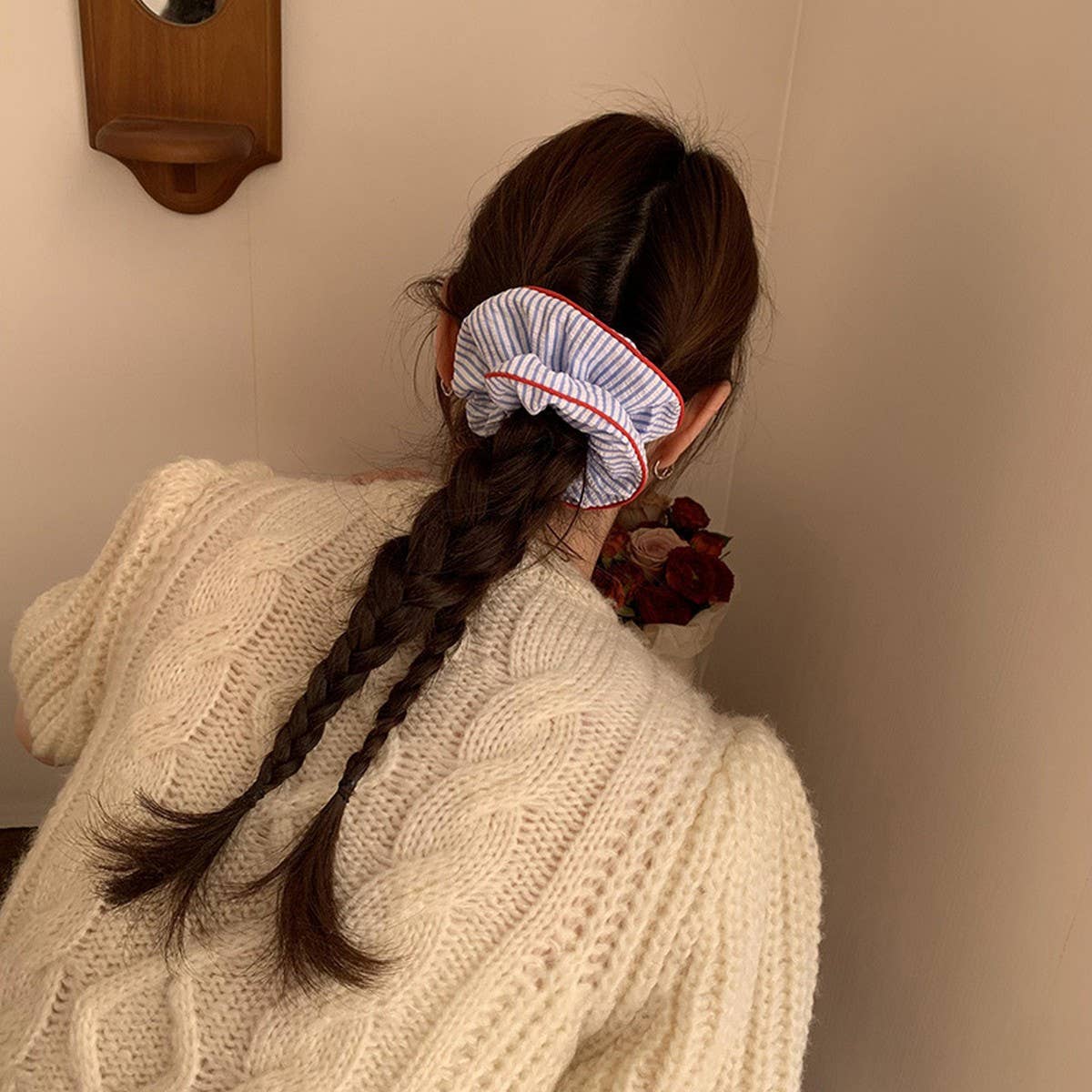 NAVY BLUE STRIPED HIGH ELASTIC HAIR SCRUNCHIES