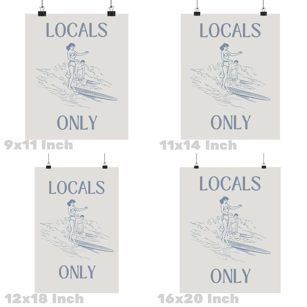 Locals Only Retro Surfer Typography Wall Art Prints: 9" x 11"