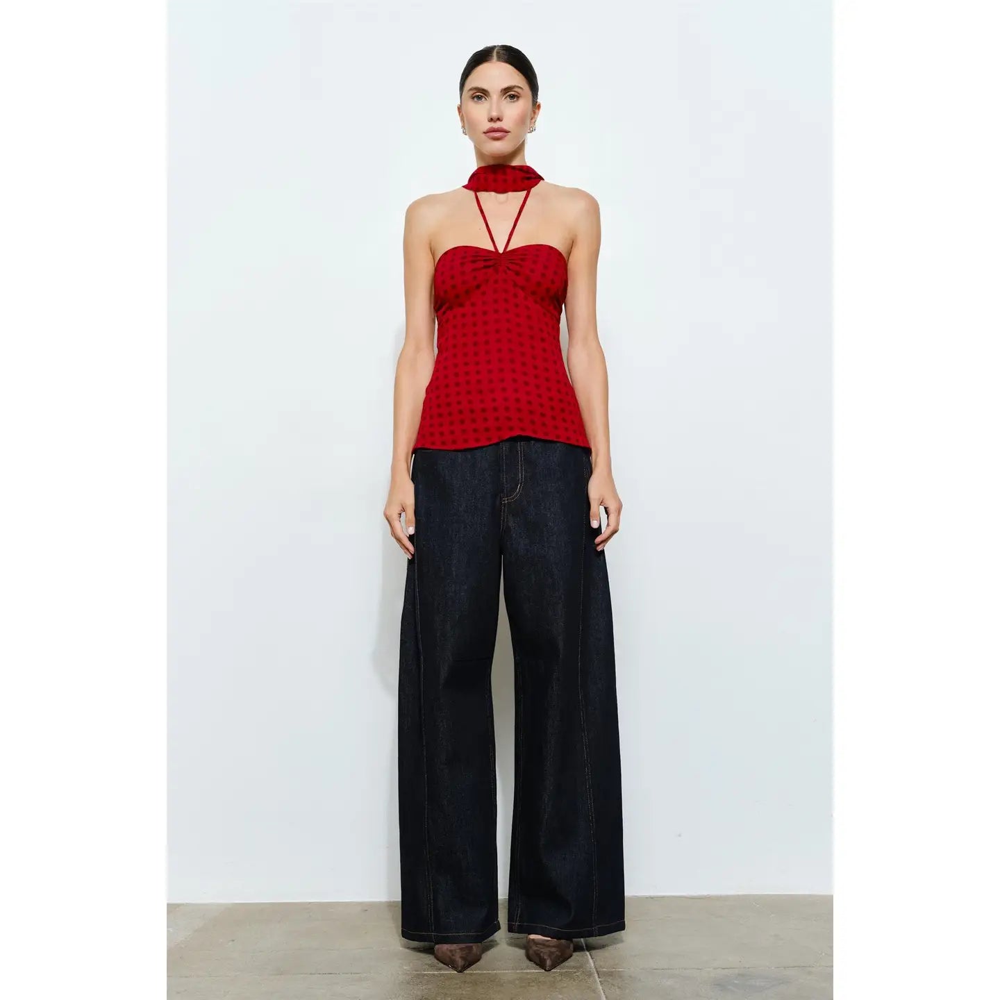 Corinne Red Polka Dot Chiffon Halter Top w/ Scarf