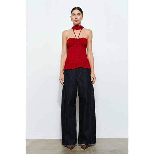 Corinne Red Polka Dot Chiffon Halter Top w/ Scarf