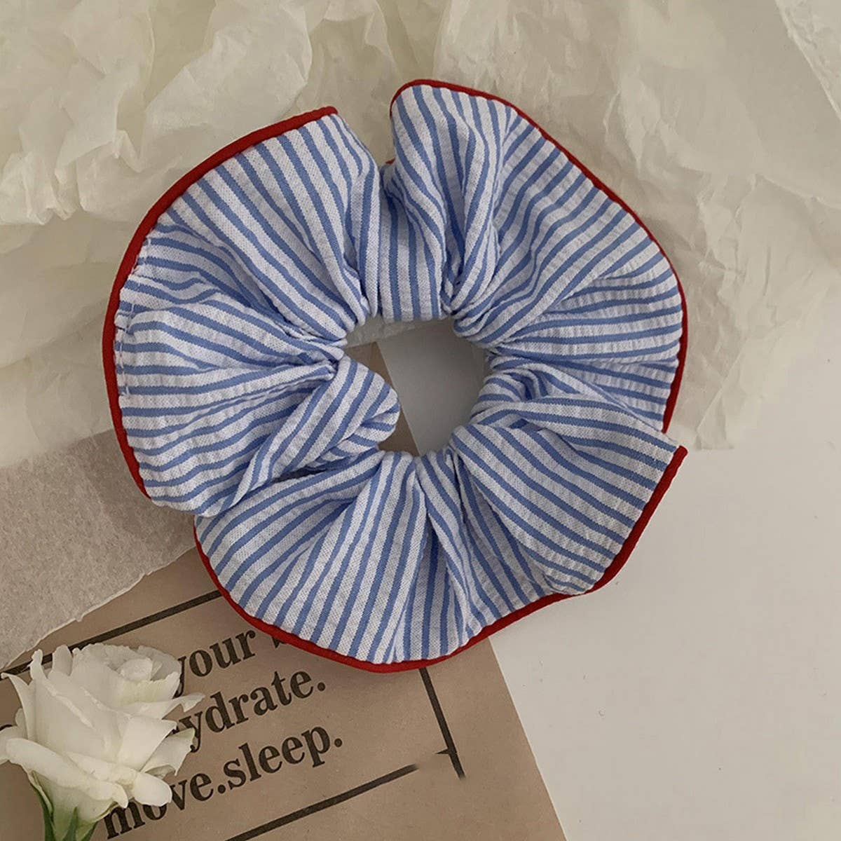 NAVY BLUE STRIPED HIGH ELASTIC HAIR SCRUNCHIES