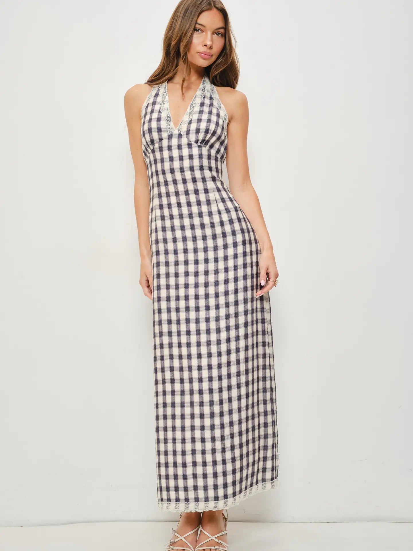 Isla Lace Trim Plaid Maxi Dress