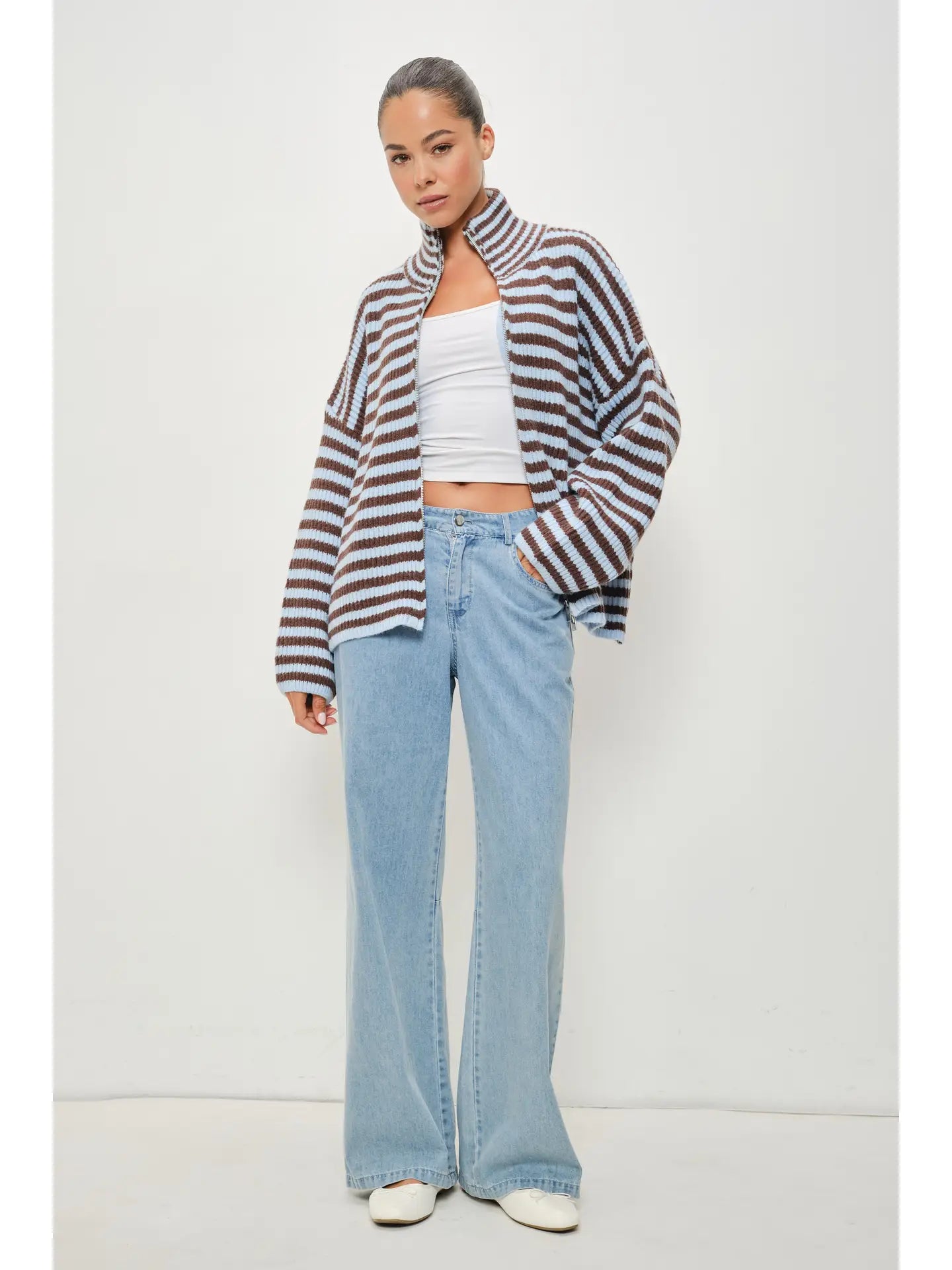 Lane Striped Mocked Neck Zip Up Jacket