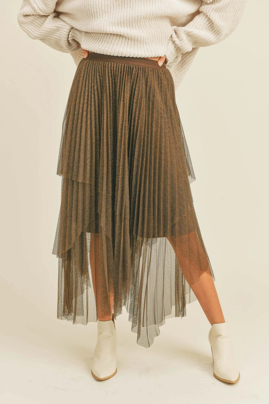 Metallic Mesh Pleated Skirt