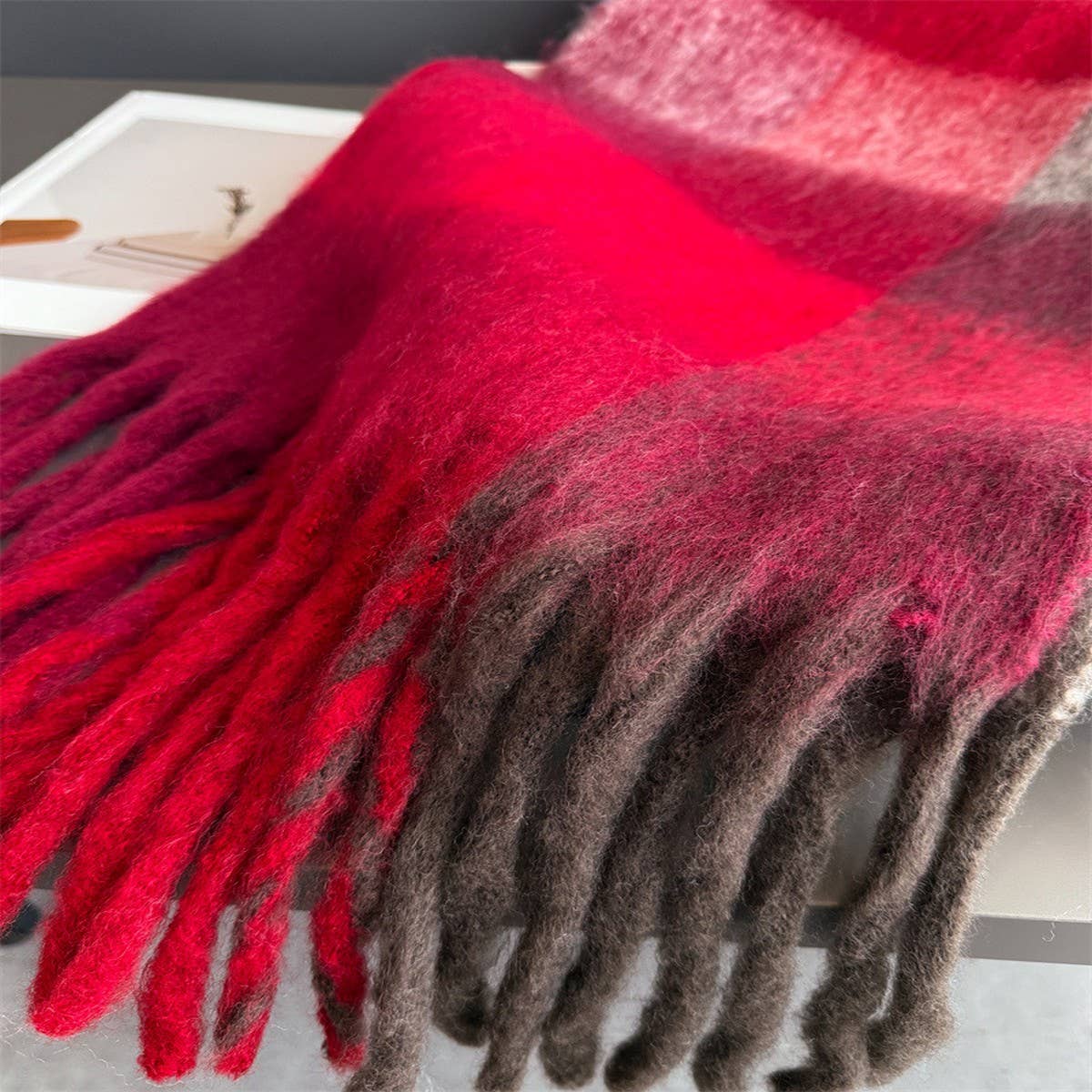 Rainbow Plaid Tassel Scarf Thick Winter Wrap: WINE