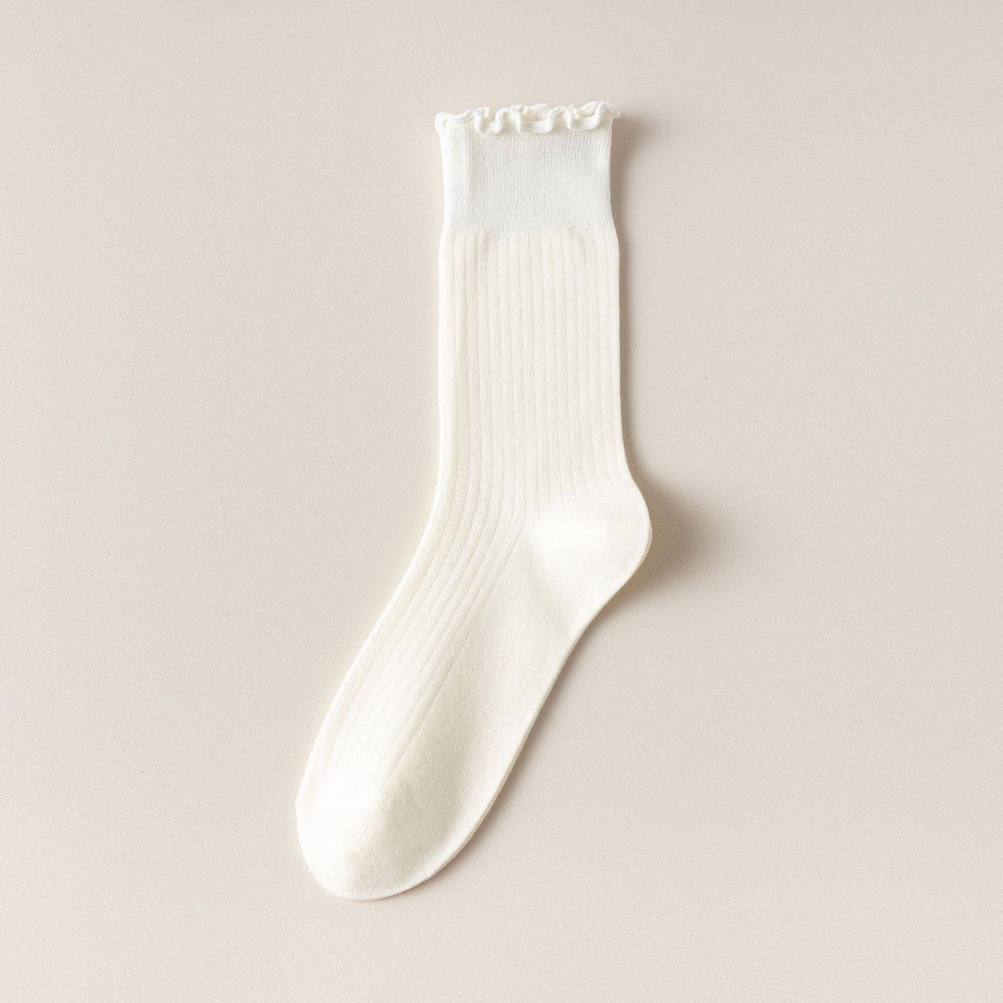 Vertical Stripes Thin Solid Ruffle Crew Socks: White