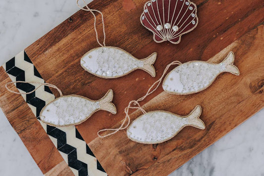 White Handmade Fish Christmas Ornament in Irish Linen