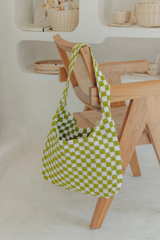 Checkered Crochet Shoulder Bag- Olive