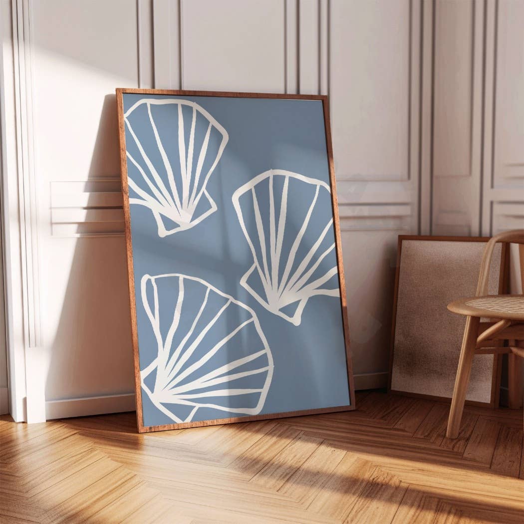 Hand Drawn Seashells Sketch Wall Art Coastal Blue Prints: 9" x 11"