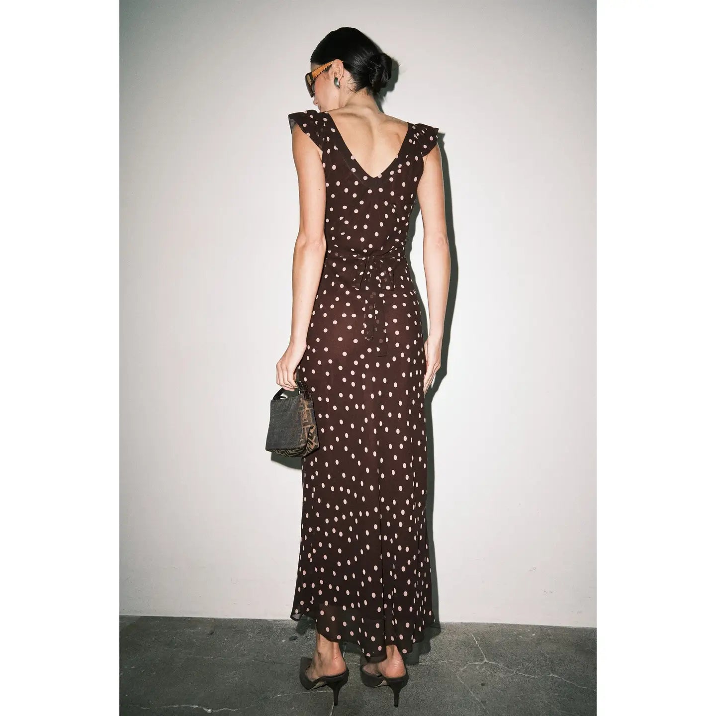 Eloise Chiffon Polka Dot Ruffle Sleeve Bias Cut Maxi Dress