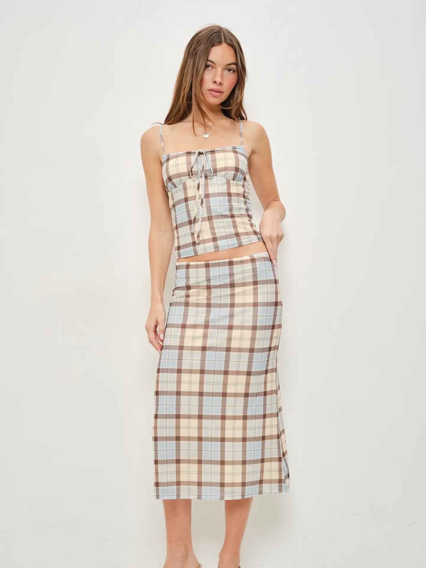 Jemima Plaid Mesh Midi Skirt