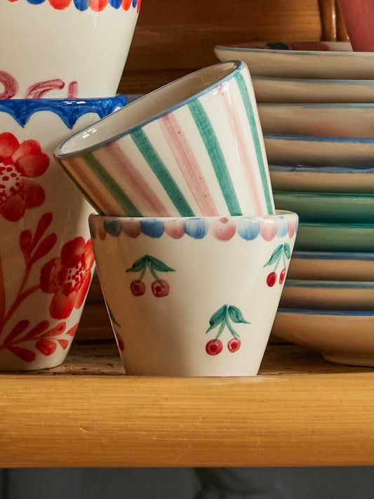 Ceramic Oval Espresso Cup with Hand Painted Cherries - 2.4 oz