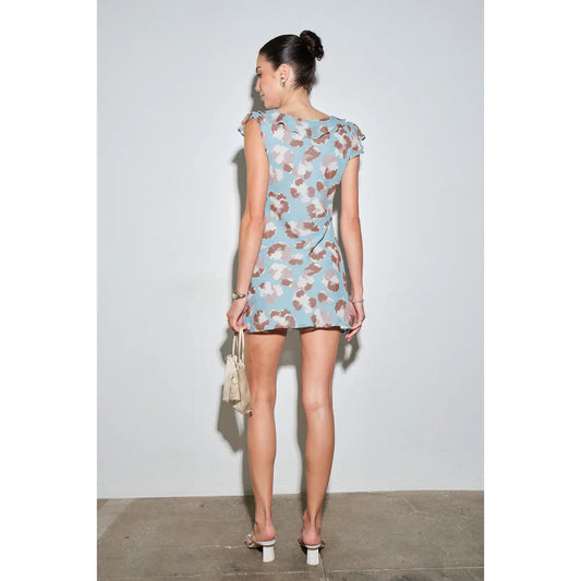 Lisette Floral Chiffon Boat Neck Ruffle Sleeve Mini Dress
