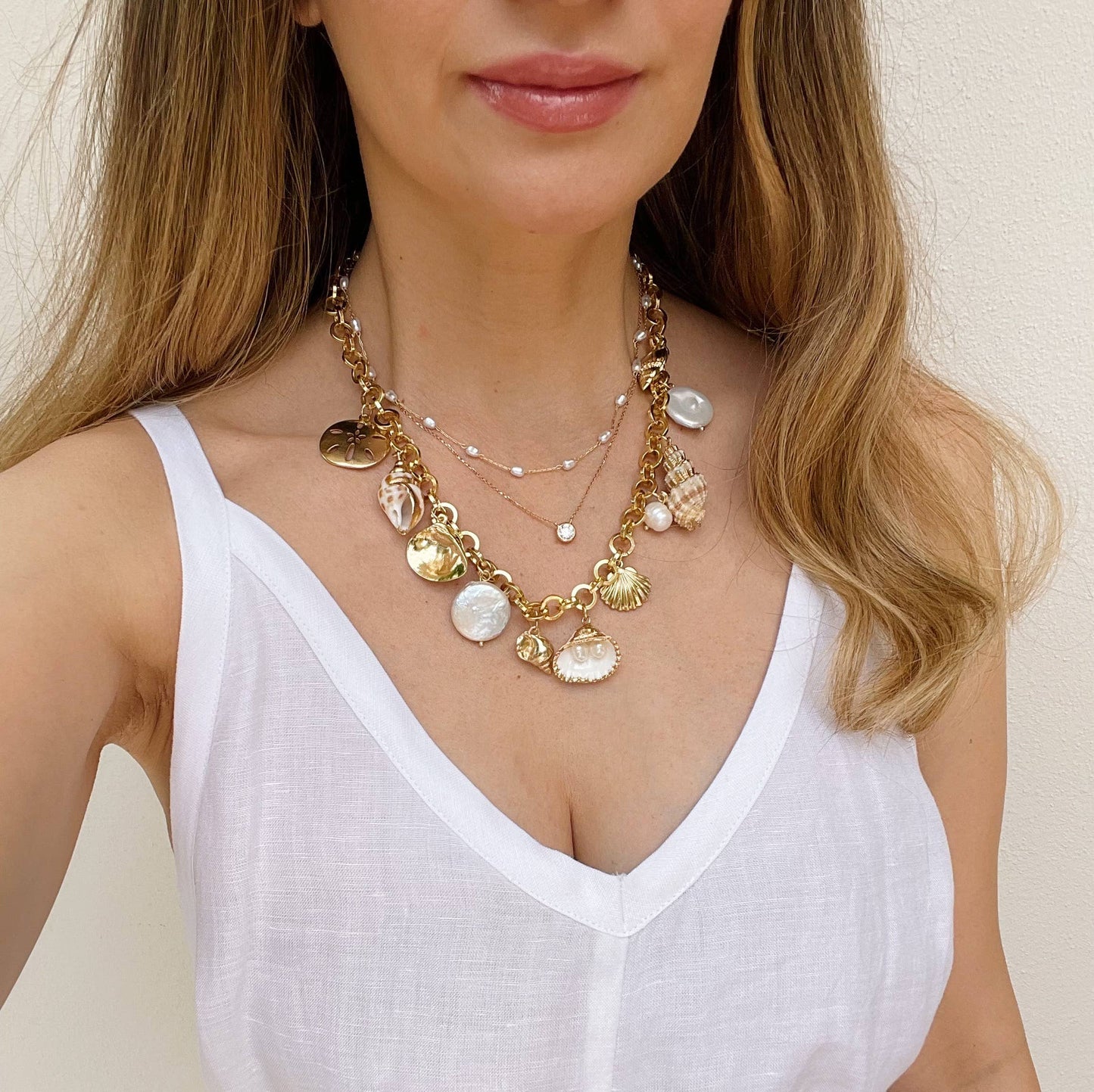 Seashells and charms summer statement necklace Made In US