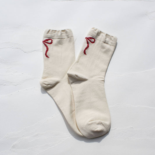 Women's Holiday Ribbon Bow Casual Socks: Cream