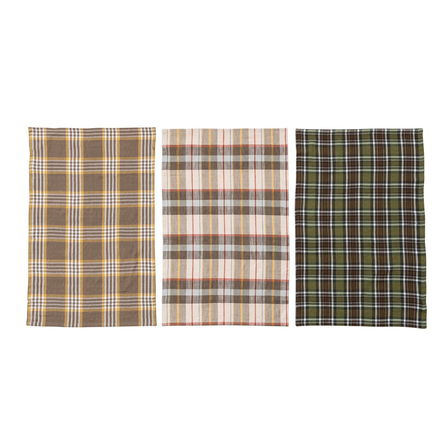 Cotton Printed Tea Towels w/ Tie w/ Wood Beads, Multi Color Plaid, Set of 3