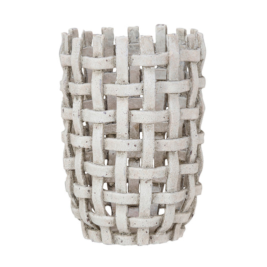 Woven Resin Vase, Distressed White Finish