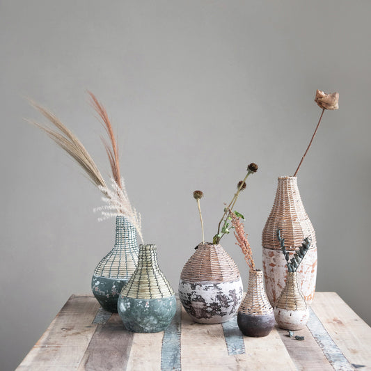 Distressed Hand-Woven Rattan and Clay Vase