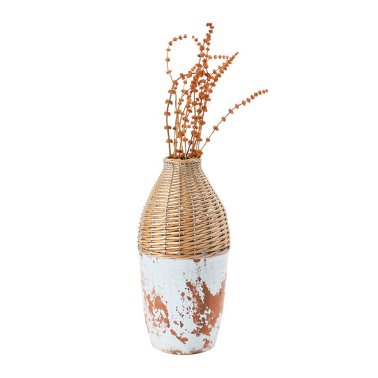 Distressed Hand-Woven Rattan and Clay Vase