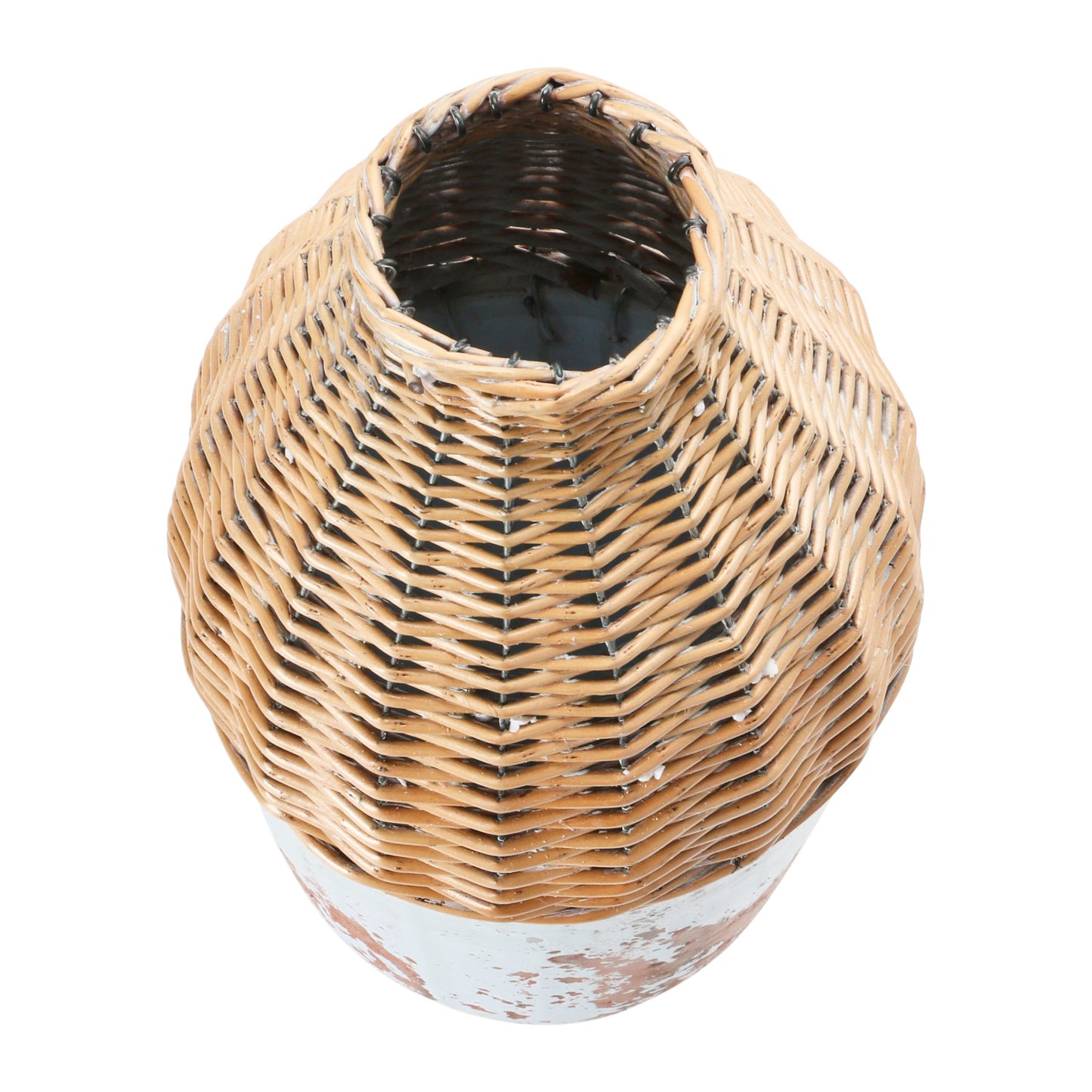 Distressed Hand-Woven Rattan and Clay Vase